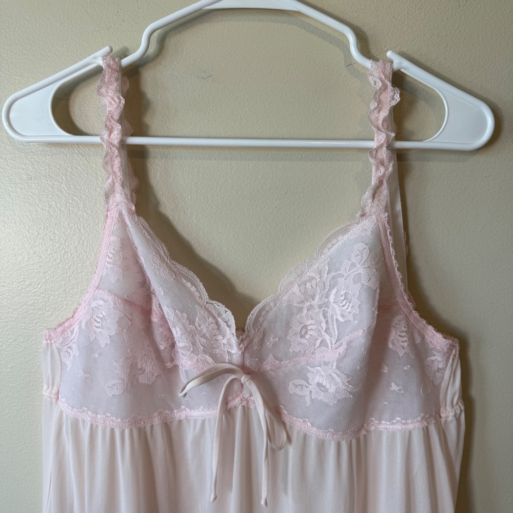 Vintage Pink Lace Bodice Nightgown Maxi Chemise Sleepwear Ruffle Strap Small - Picture 2 of 10